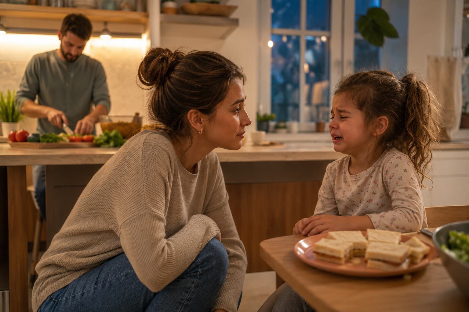 Parent calmly talking with a young child while practicing positive parenting techniques