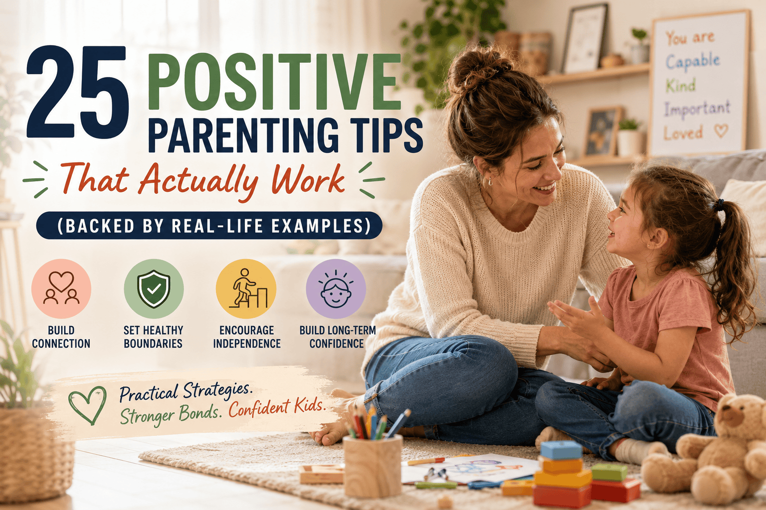 Parent calmly helping a child solve a problem using positive parenting techniques at home