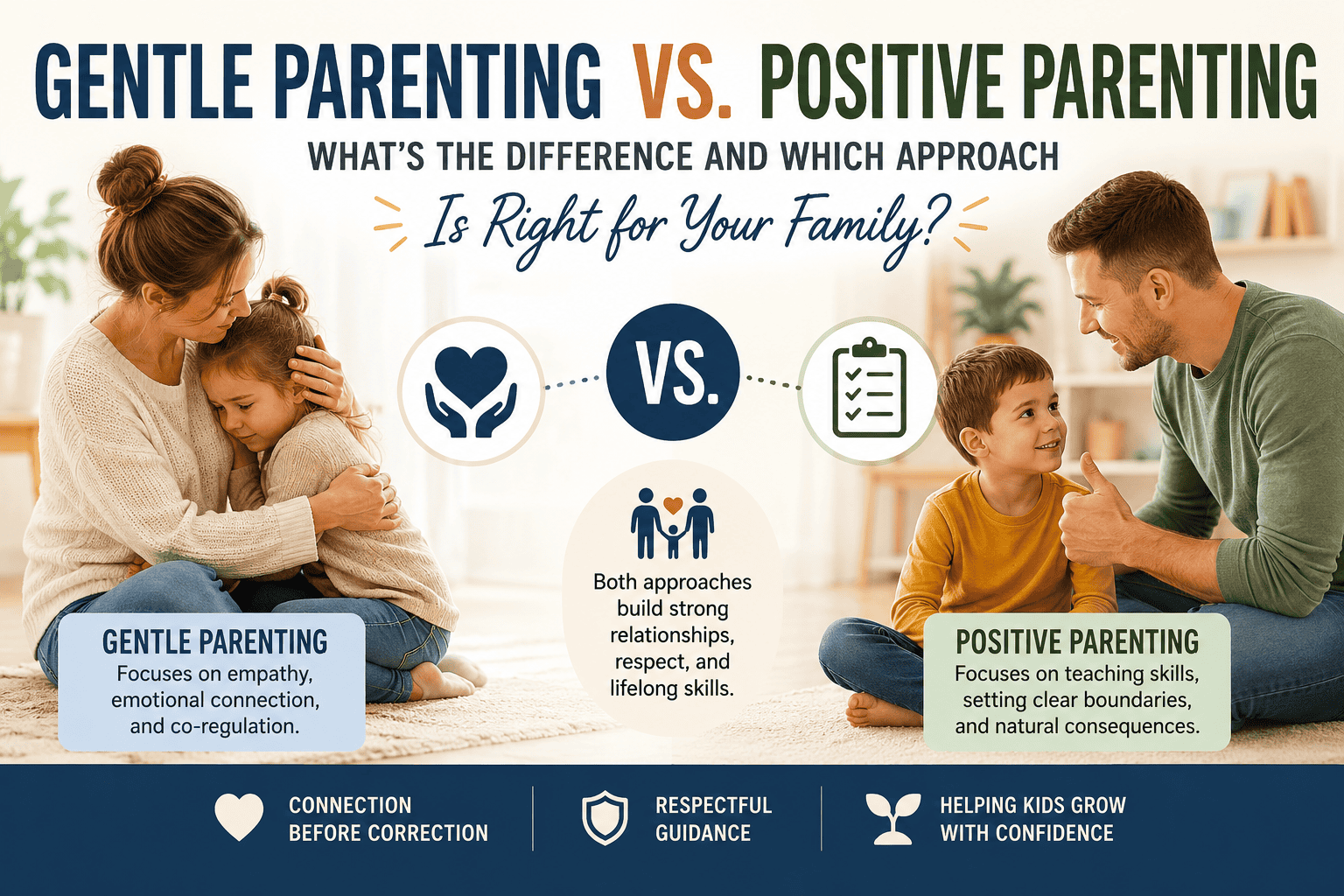 Parent calmly guiding a young child while illustrating the differences between gentle parenting and positive parenting in everyday family life.