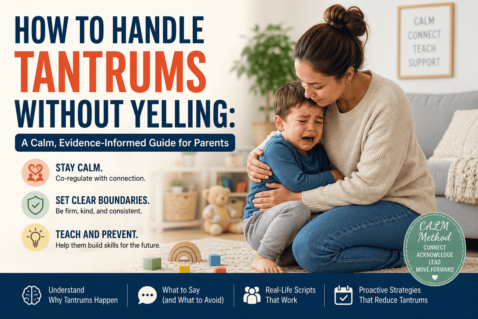 Parent calmly comforting a young child during a tantrum while maintaining clear, supportive boundaries in a home setting.