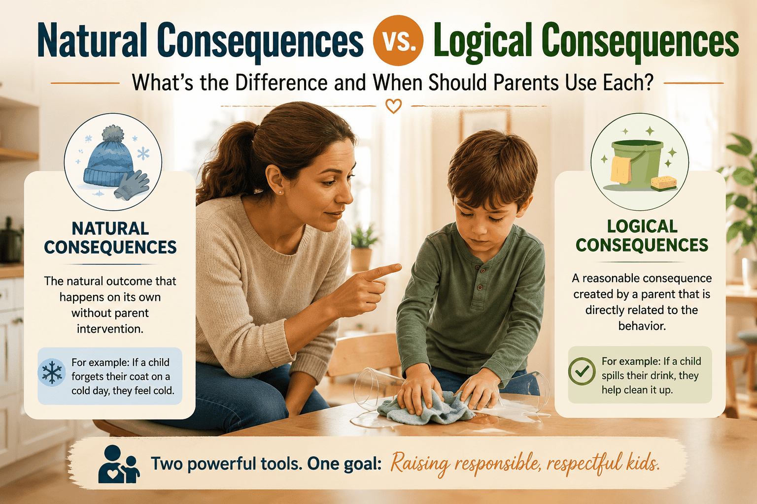 Mother calmly explaining a logical consequence to her child after a spilled drink, illustrating the difference between natural and logical consequences in positive parenting.