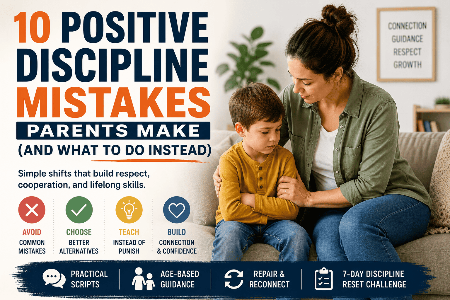 Parent using calm, respectful positive discipline to guide a child after a behavioral mistake while maintaining supportive boundaries.